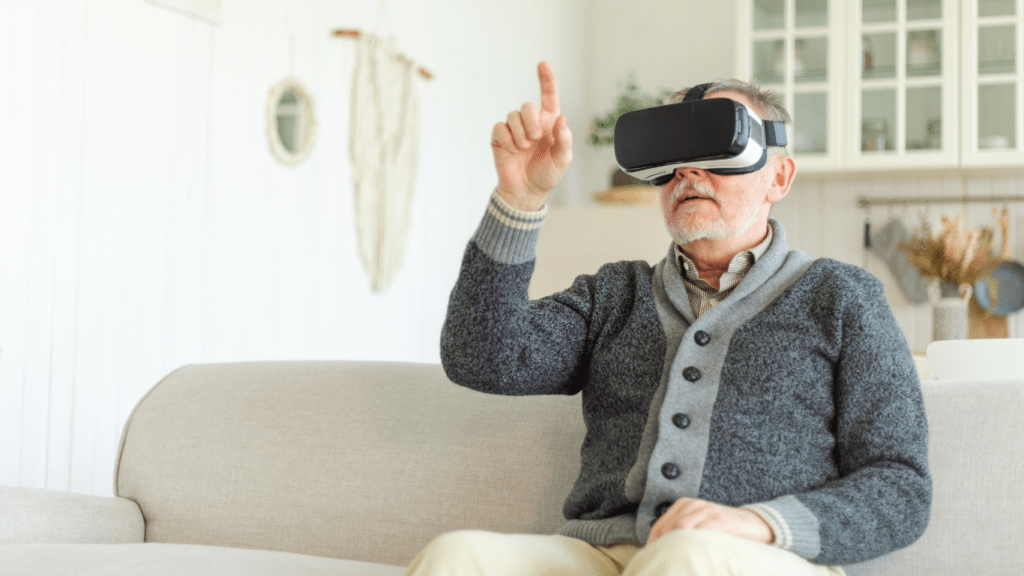 A person is sitting on a couch wearing a virtual reality headset