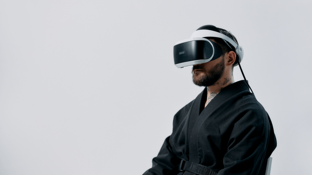 A person wearing a virtual reality headset in an office