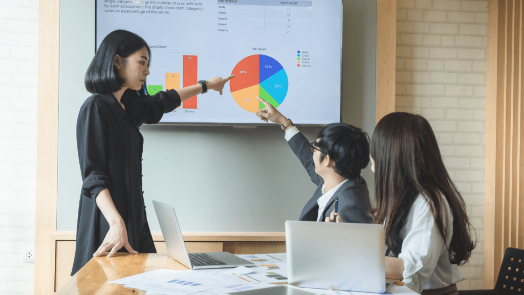 a group of people in a meeting room looking at a screen with graphs on it