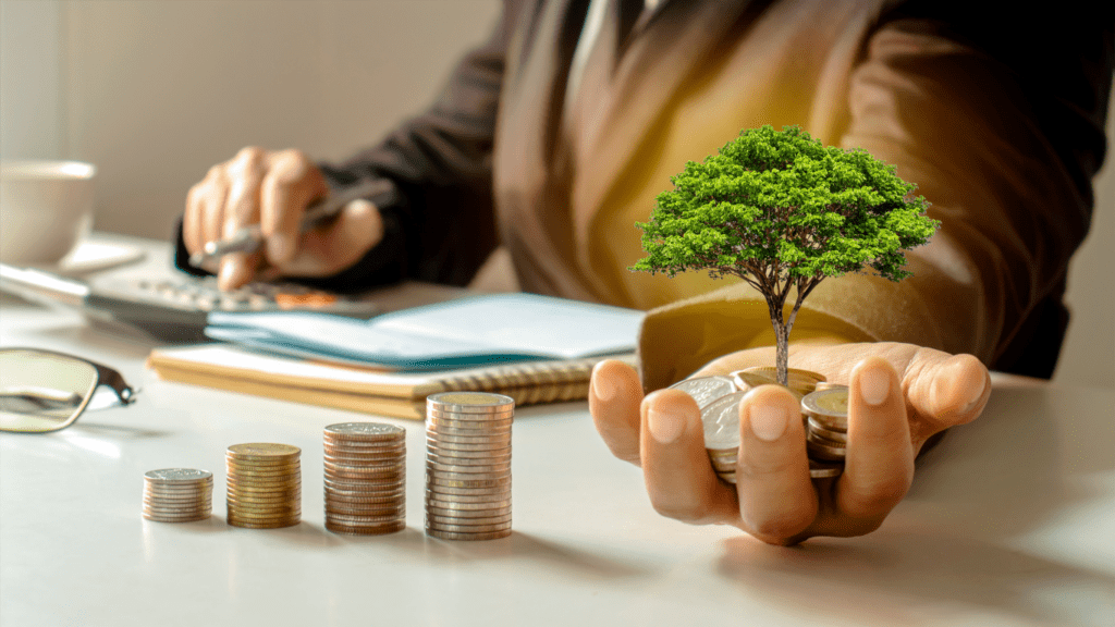 A hand holding coins and tree on desk