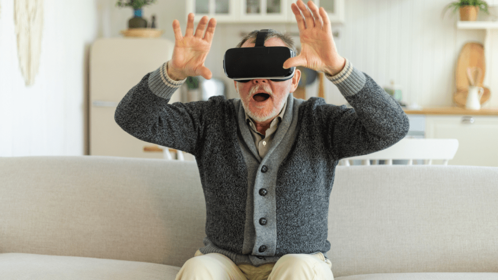 A person is sitting on a couch wearing a virtual reality headset