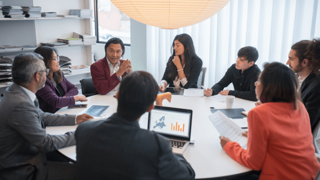 a group of people sitting at a table with papers and pens